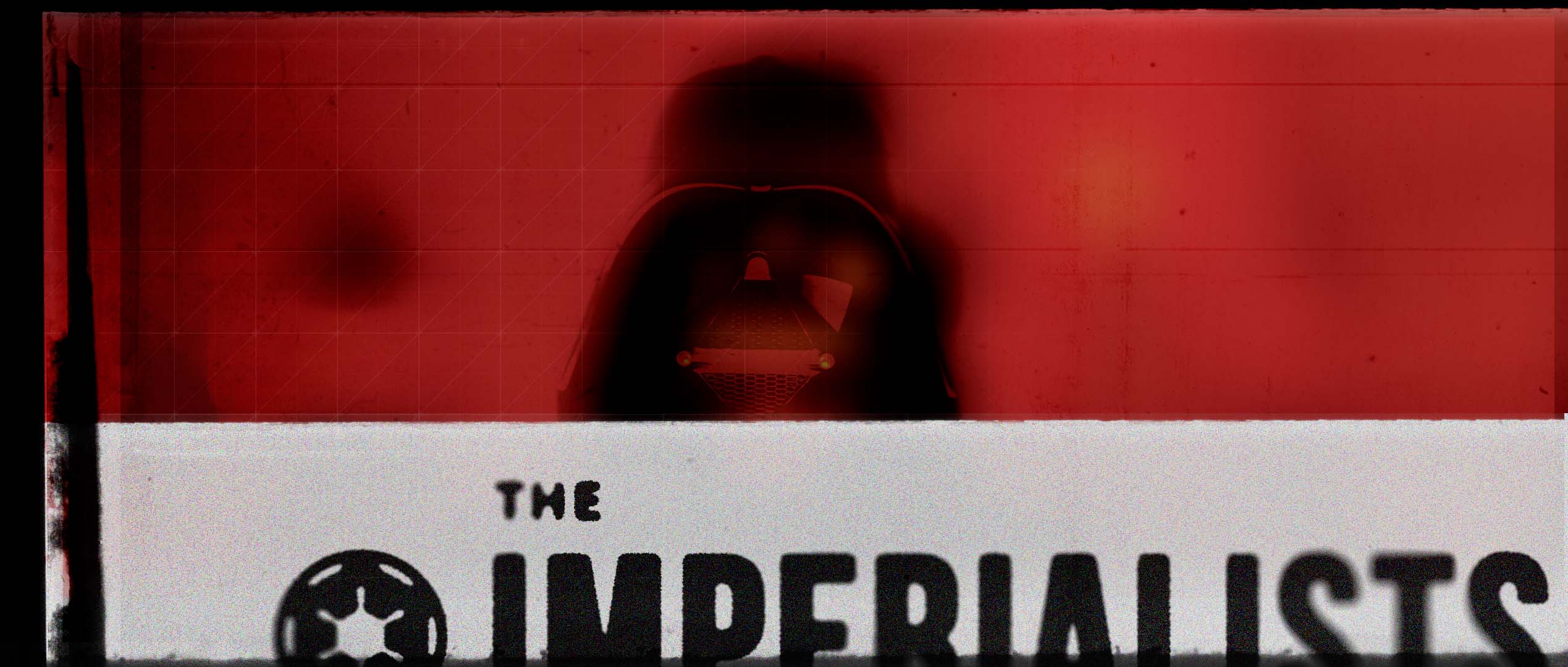 A high-contrast presentation card splitting the screen between a blurred red silhouette of Lord Vader above and a textured white band below containing the bold title logo with simulated ink bleed edging.