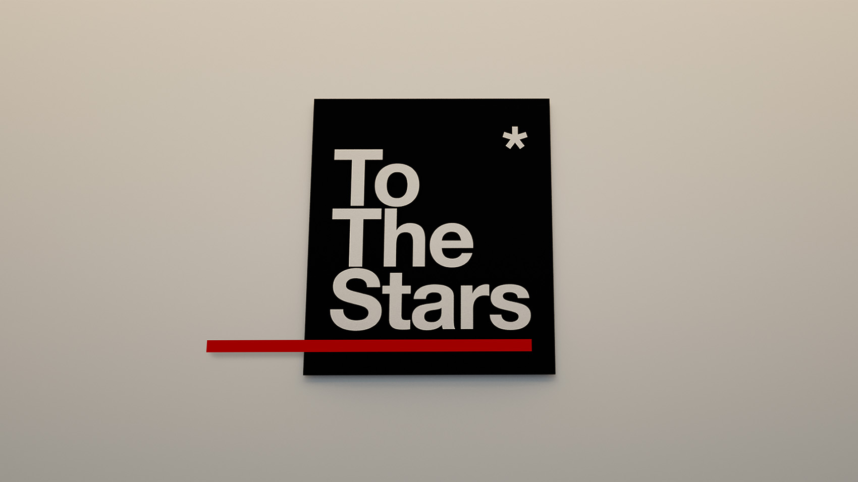 A theatrical opening sequence design frame featuring a black block logo for To The Stars on a neutral backdrop, intersected near the base by a bold, offset red horizontal bar element.