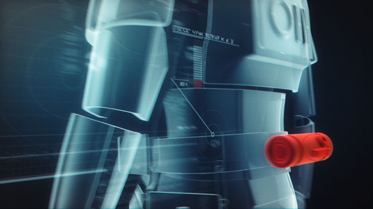 A technical style frame focusing on a glowing red cylindrical thermal detonator module being tracked and mapped on the back of a Stormtrooper's belt using digital scan lines and text readout strings.
