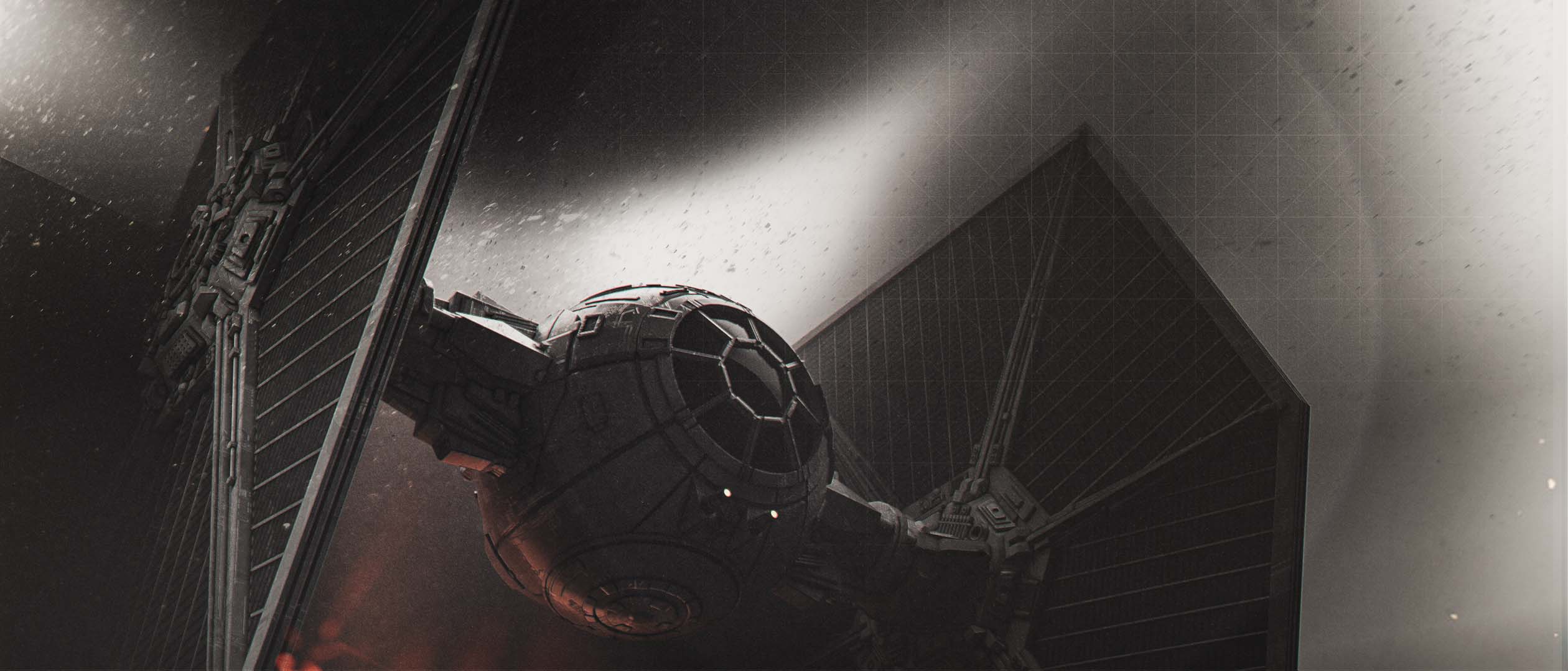 An angled, dark monochrome 3D scene of a TIE Fighter banking through deep space near a planet's curved horizon, featuring heavy film grain, volumetric lighting dust, and gritty lens textures.