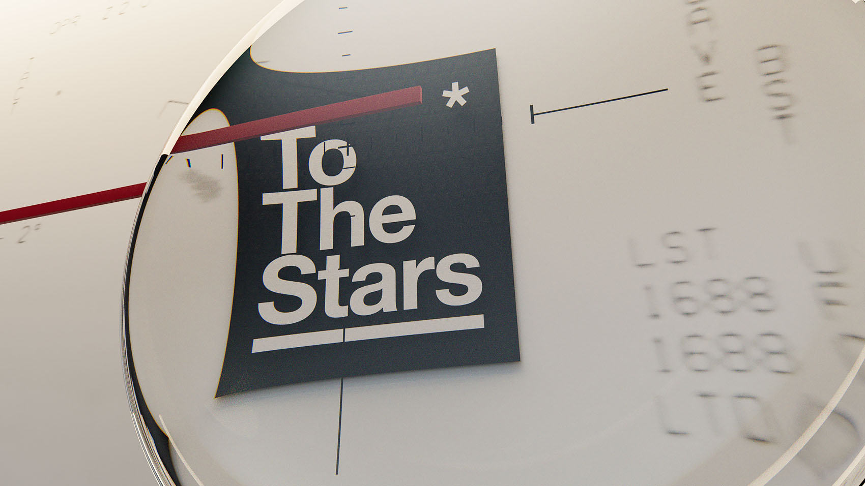 A production company opening sequence style frame showcasing the To The Stars logo behind a curved glass lens with aircraft HUD graphic overlays, presented on a dark portfolio layout with project information text below.