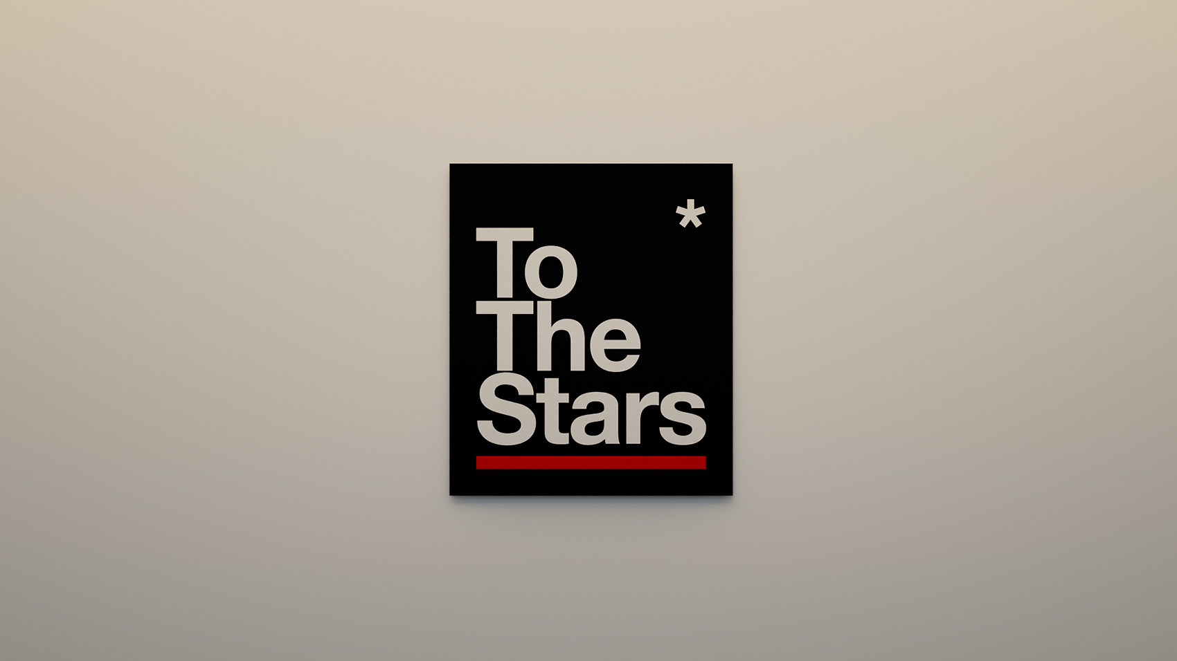 A clean, minimalist style frame exploration for a movie studio logo animation, featuring the black square To The Stars logo block centred on an off-white background with a thin red underline graphic.