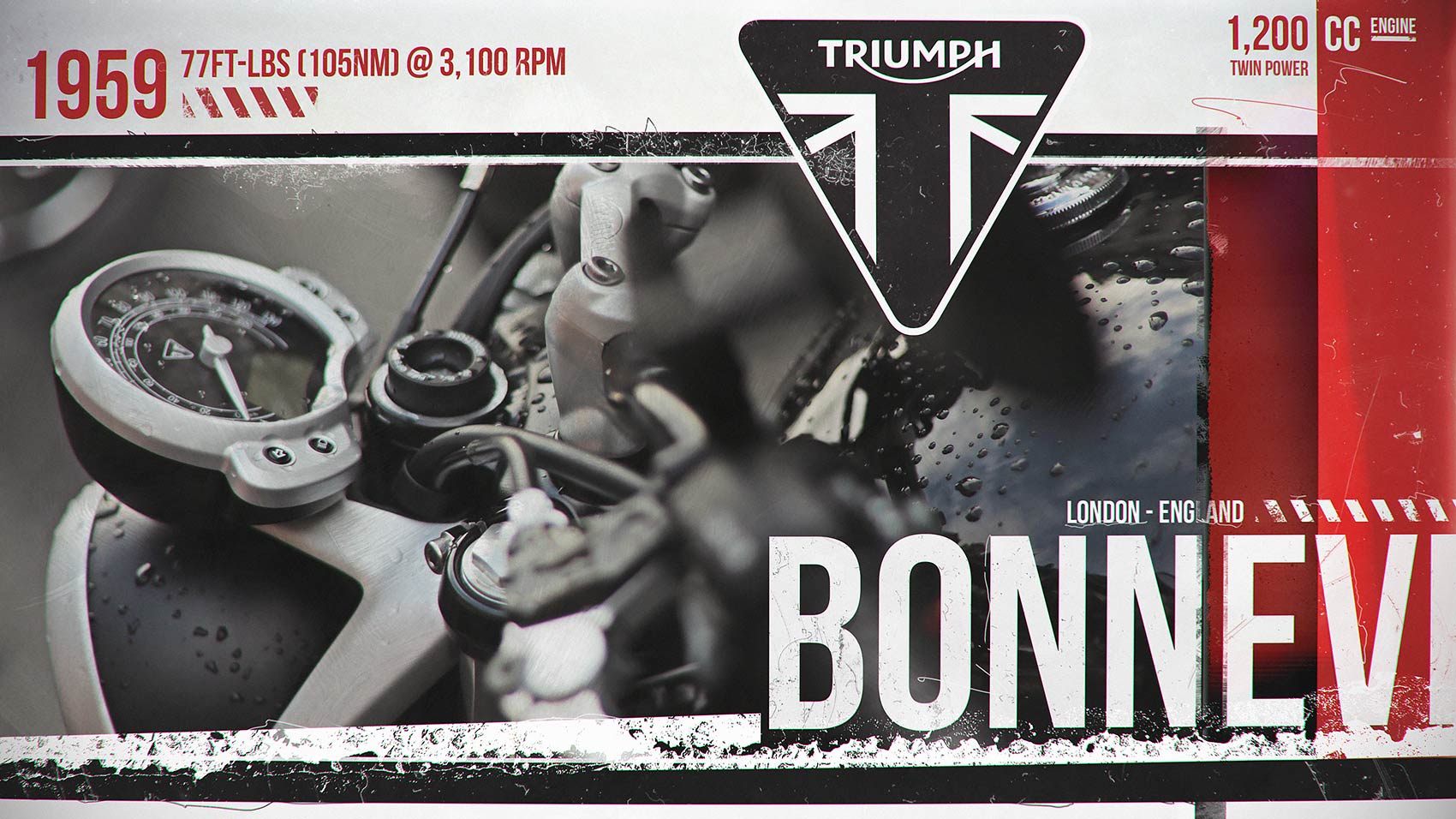 A motion graphics style frame featuring a close-up photograph of a Triumph Bonneville motorcycle dashboard and dials covered in rain droplets, integrated with technical engine specs, the Triumph shield logo, and bold typography.