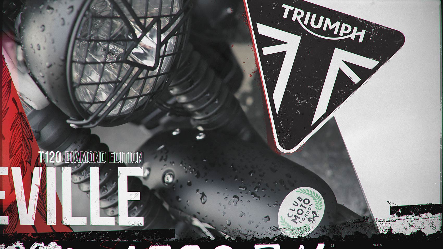 A dynamic style frame showing a detailed close-up of a Triumph Bonneville T120 motorcycle headlight with a protective grill, integrated with textured graphics, the Triumph logo, and a Club Moto London sticker.
