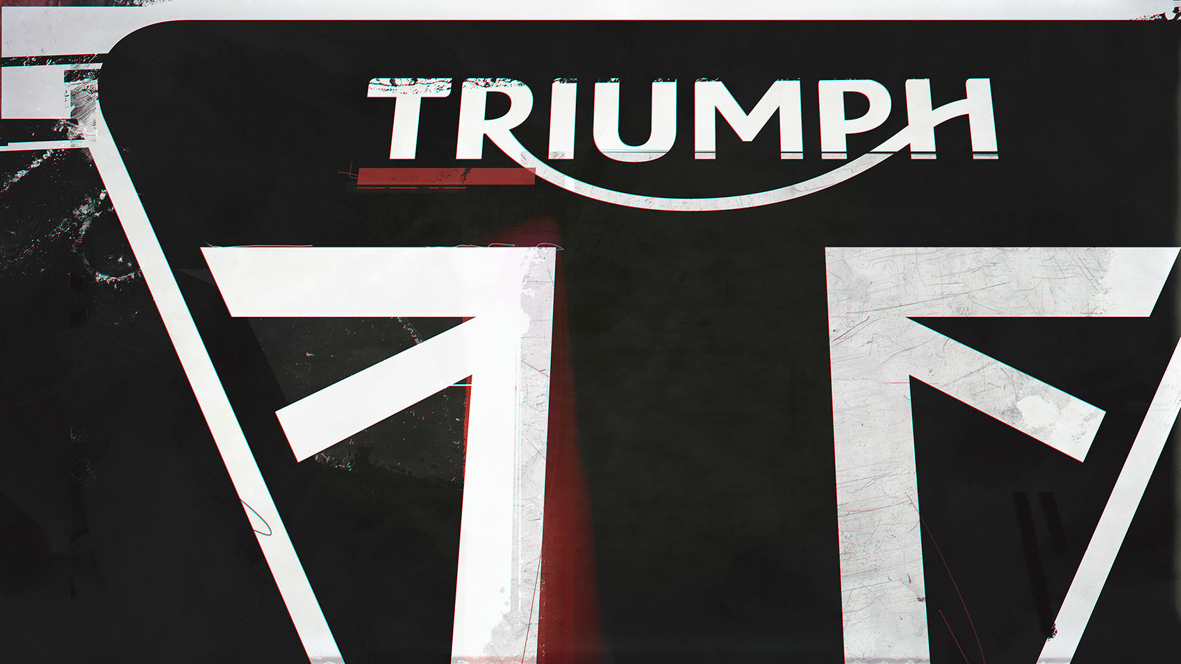 An experimental motion graphics style frame for Triumph, showing a close-up, high-contrast crop of the Triumph brand name and logo with textured, distressed black and white graphic elements.