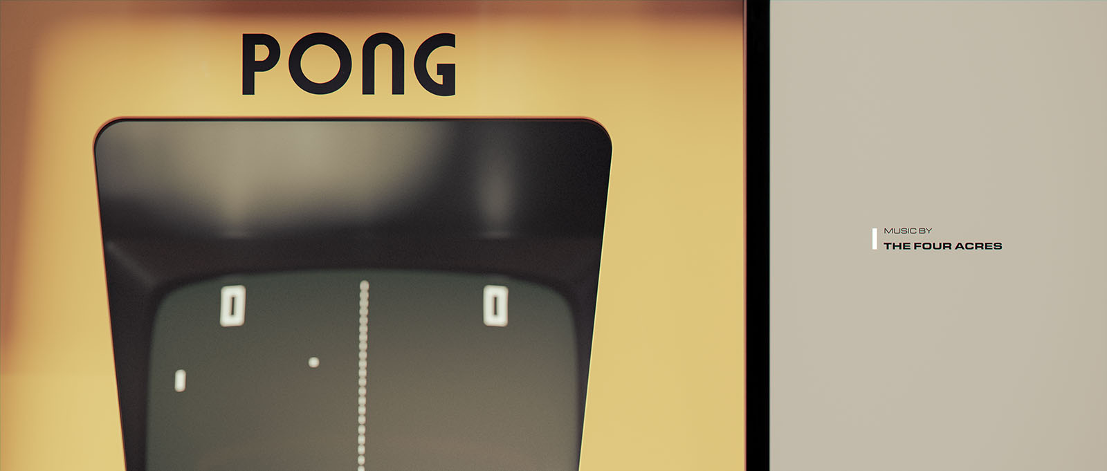 A portfolio style frame showing a split composition: on the left, a front-facing 3D render of the retro Pong monitor display box, and on the right, a minimal matte grey background panel featuring clean graphic typography.