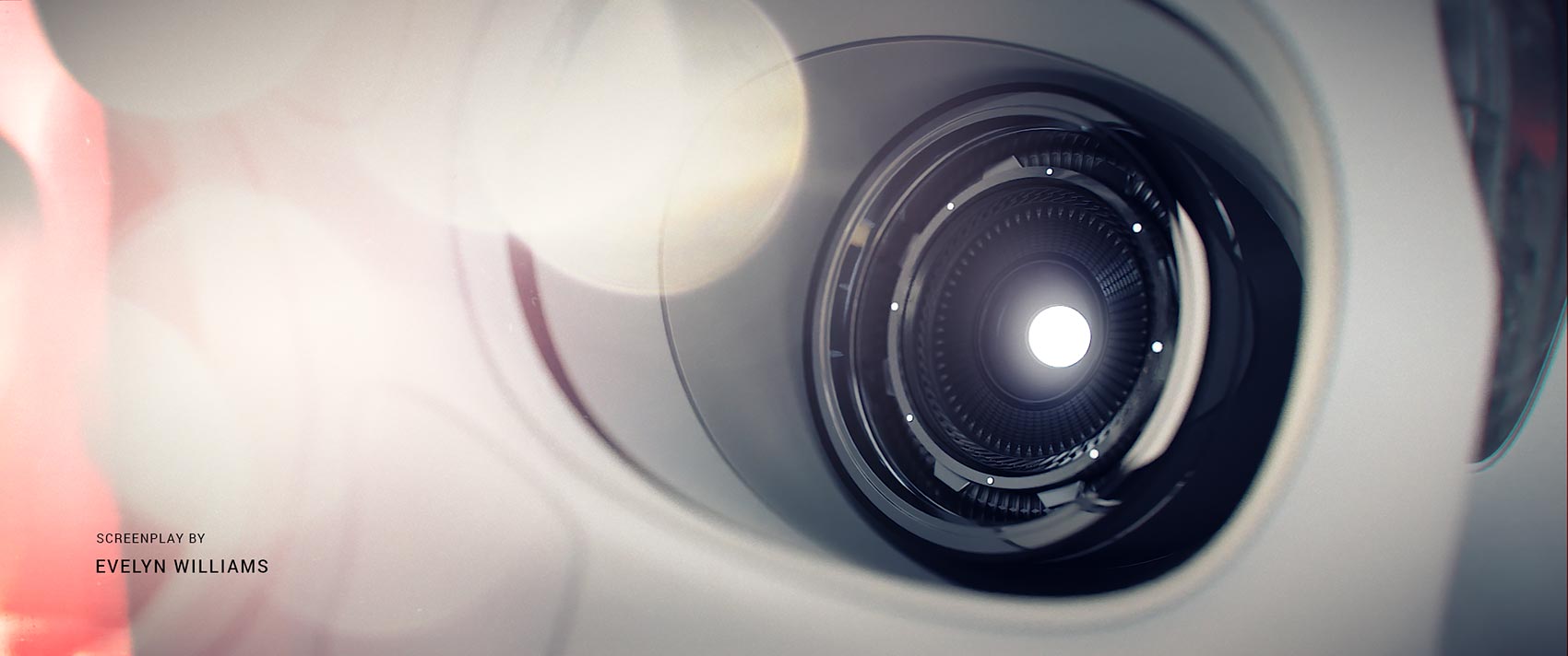 An extreme close-up style frame of a mechanical synthetic eye aperture with circular camera-like lenses, featuring soft lighting artifacts and lens flares on the left.