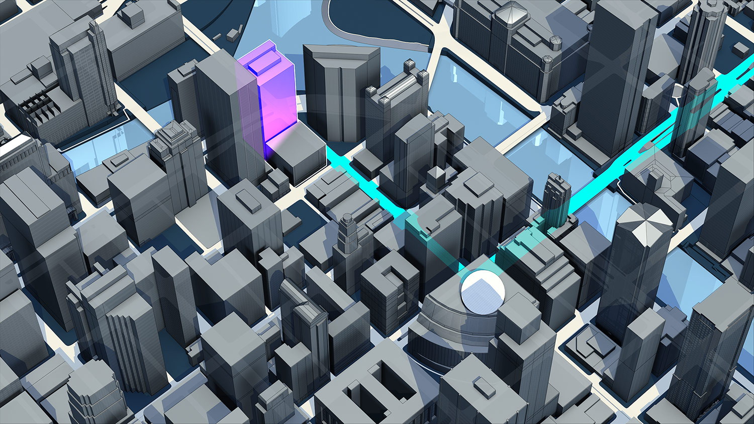 A sleek, slate-grey 3D map layout tracking a sharp cyan vector path corridor through high-rise blocks, featuring a bright white circular waypoint indicator mapping a precise upcoming turn maneuver.