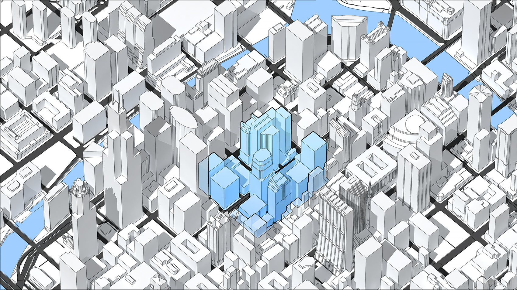 A high-angle isometric 3D urban map render demonstrating display modes for a navigation UI, featuring a stylized cluster of high-rise city buildings highlighted in solid pale blue amidst a surrounding landscape of white architectural blocks and light blue waterways.