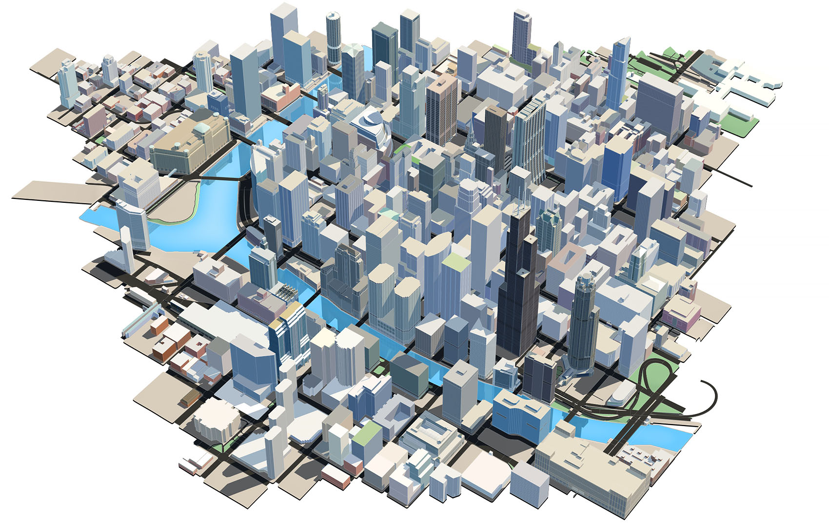 A wide, high-angle isometric 3D urban map render of a zoomed-out regional city area, showcasing a clean, multi-toned architectural treatment with light beige, grey, and dark blue skyscraper assets intersecting light blue waterways.