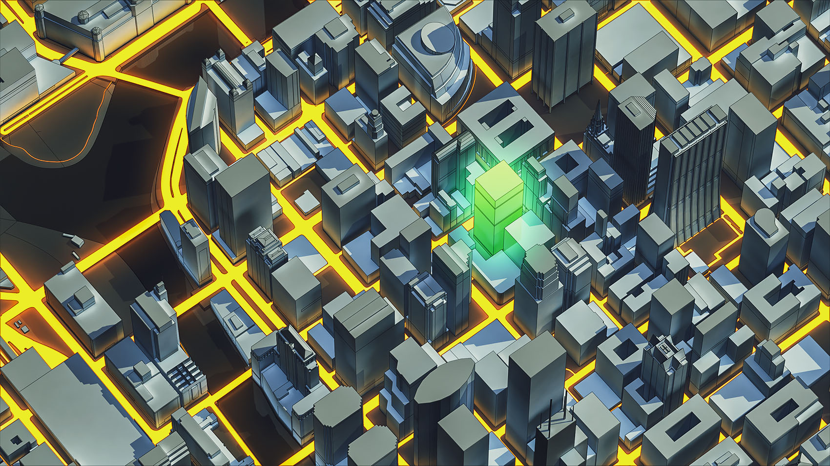 A high-angle isometric 3D urban map render showcasing real-time traffic data via glowing orange and yellow heat-map road networks, with a central high-rise destination building isolated in a luminous lime green glow.