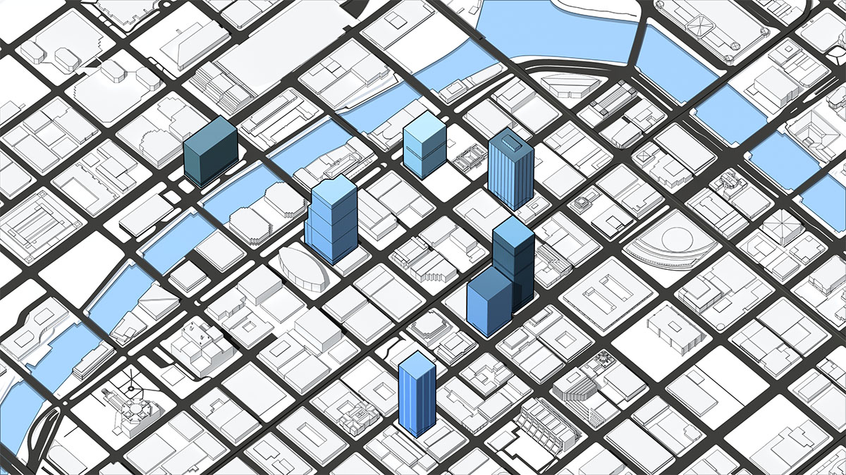 A minimalist, flat-shaded 2D city street grid layout where only select skyscraper landmarks are raised and highlighted in dark and light blue, demonstrating focused point-of-interest mapping.