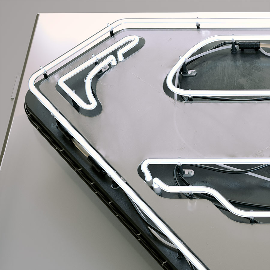 A close-up 3D look-development render focusing on the upper section of the Superman neon sign, showcasing detailed glass tube brackets, wire connections, and realistic plastic material reflections.