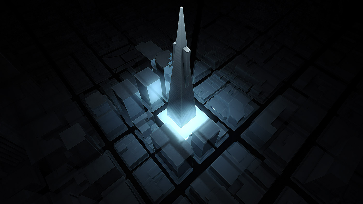 A dark, top-down isometric 3D map render of an urban city block grid, highlighting a prominent architectural spire structure illuminated by a brilliant cyan and white base glow to indicate a navigation destination point.