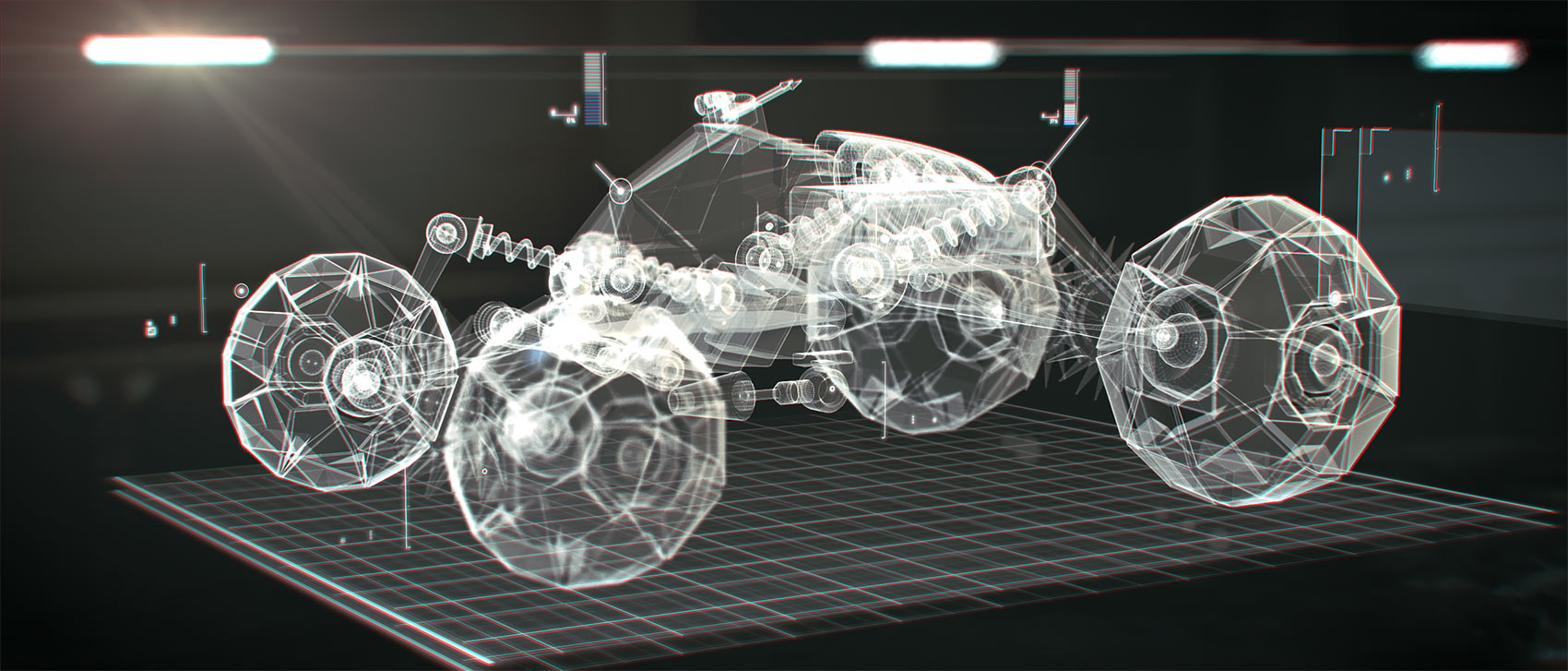 A clean, high-contrast monochrome 3D wireframe render of a mechanical buggy asset positioned on an illuminated laboratory coordinate floor grid, featuring minimalist UI vector floating data bars.