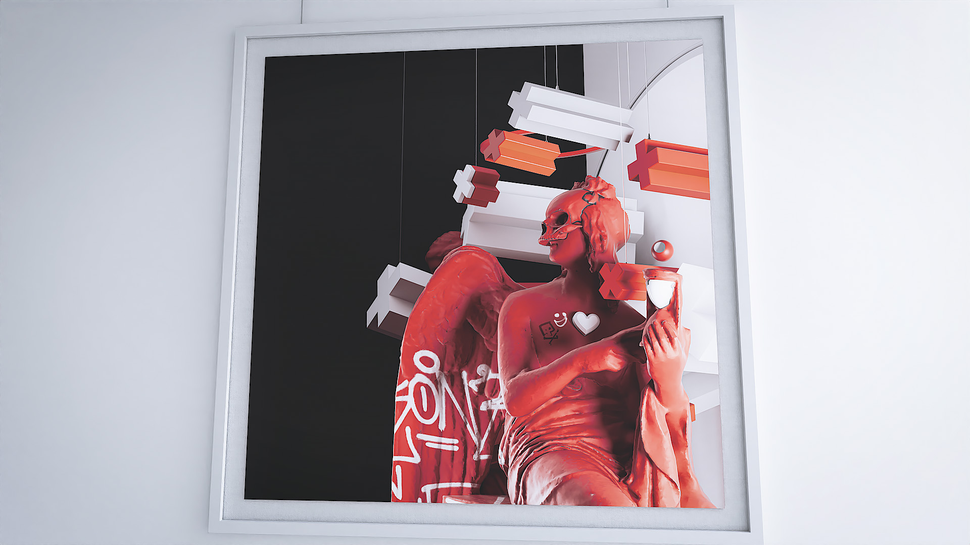 A white framed canvas featuring a red-toned classical angel statue accented with white graffiti tags and sharp geometric overlays against a stark black background.