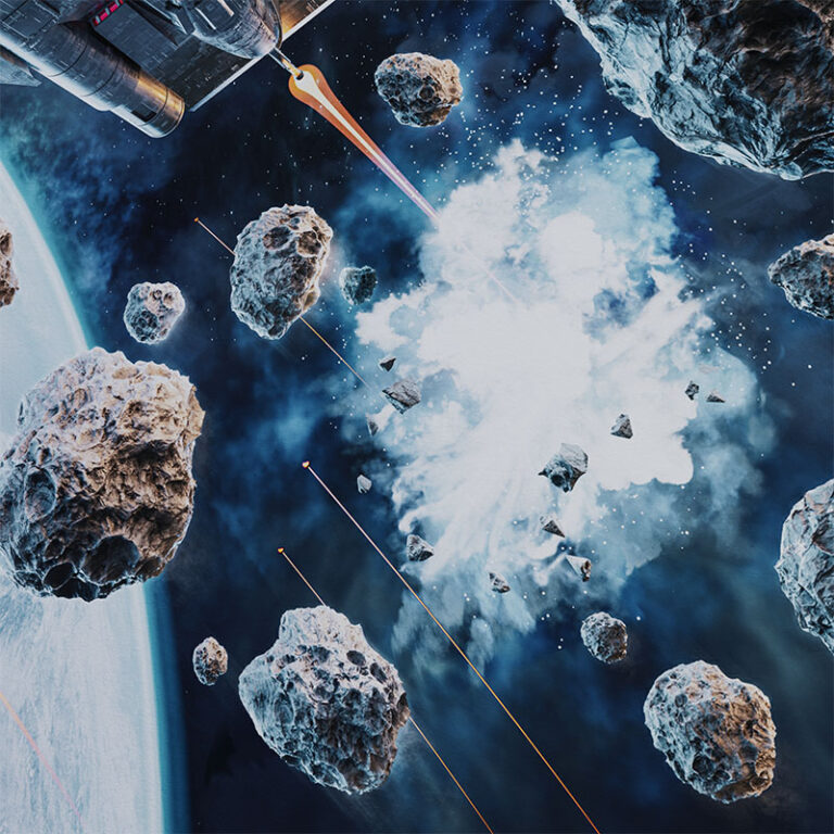 A detailed macro crop focusing on the central explosion and smoke effects within the space field, surrounded by floating textured asteroid models and a visible planet curve in the lower left.
