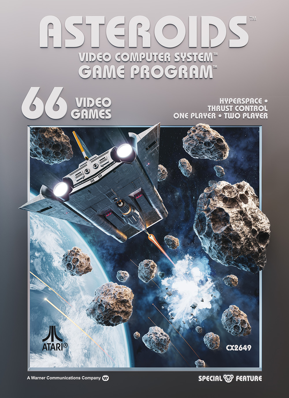 A direct front-on 3D illustration of the reimagined Atari 2600 Asteroids box art, showing the precise typography, grey framing, and a central spaceship asset firing through a field of textured 3D rocks.