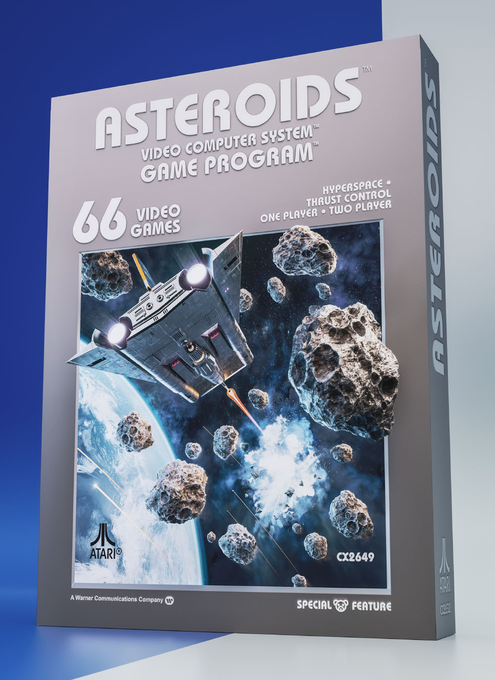 A 3D illustration of the Atari 2600 Asteroids game box viewed from a three-quarter angle, showing the printed spine and dimensional asteroid assets breaking forward out of the central graphic frame.