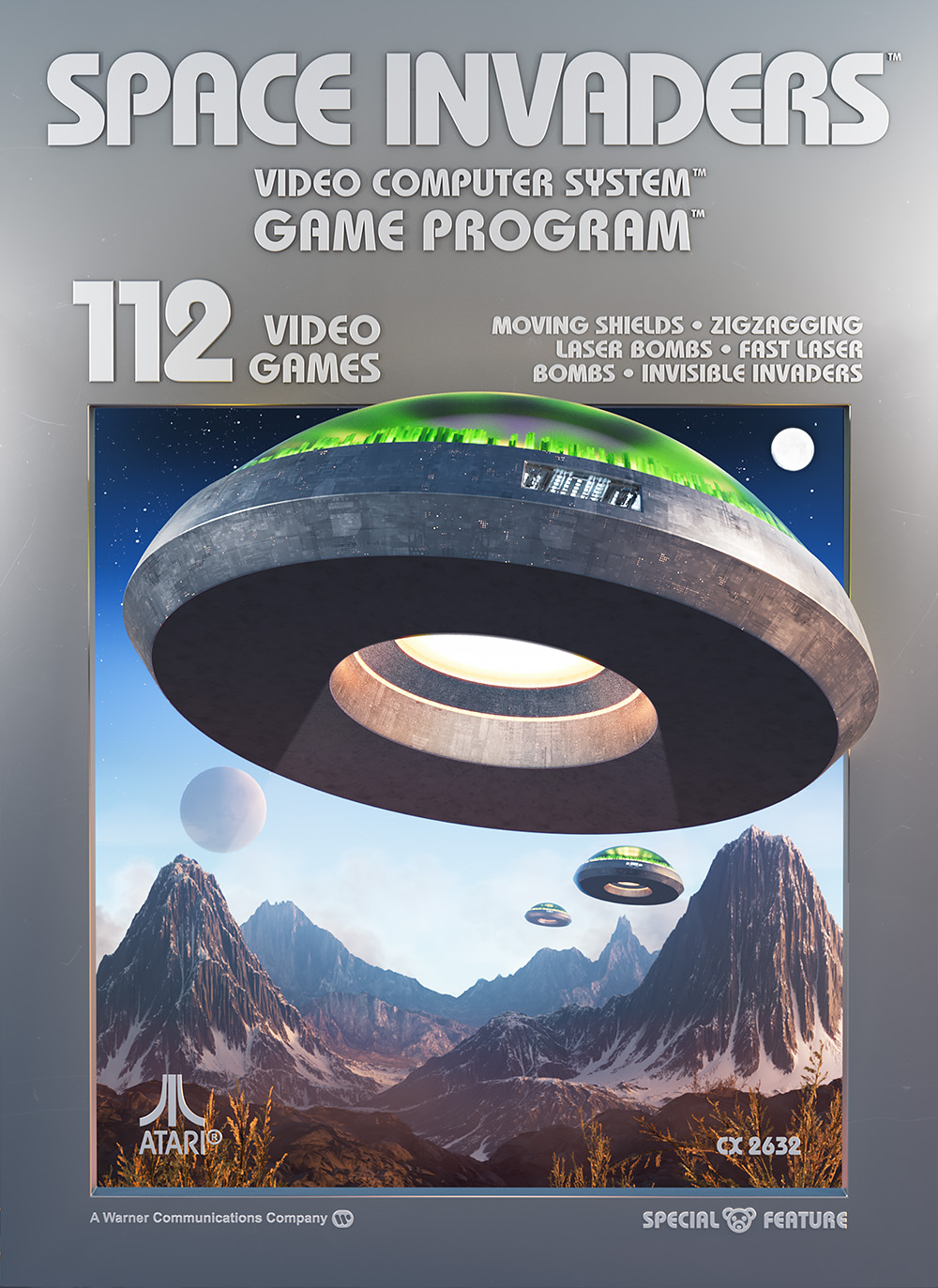A direct front-on 3D illustration of the reimagined Atari 2600 Space Invaders box art, showing the classic typography layout and a large, textured saucer asset hovering above a detailed mountain range.