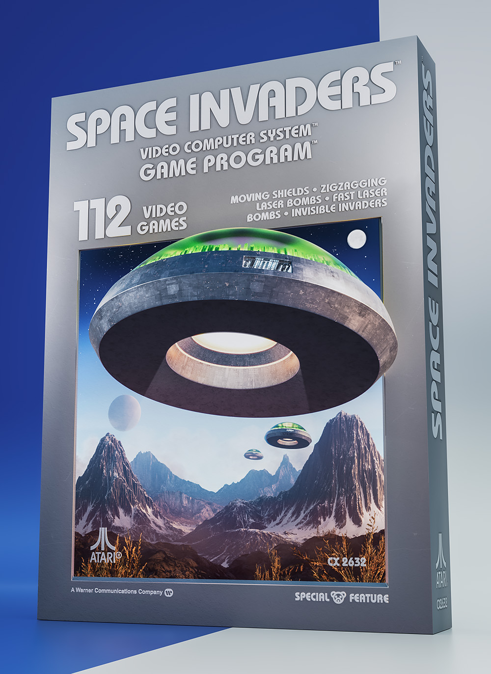 A 3D illustration of the Atari 2600 Space Invaders packaging viewed from a three-quarter angle, showing the grey printed spine and the primary circular spacecraft model breaking forward out of the central art window.