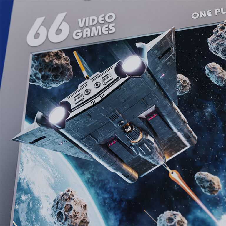 A close-up crop of the 3D Asteroids illustration, highlighting the surface detailing and panel lines of the wedge-shaped spacecraft asset as it emerges past the inner graphic frame.