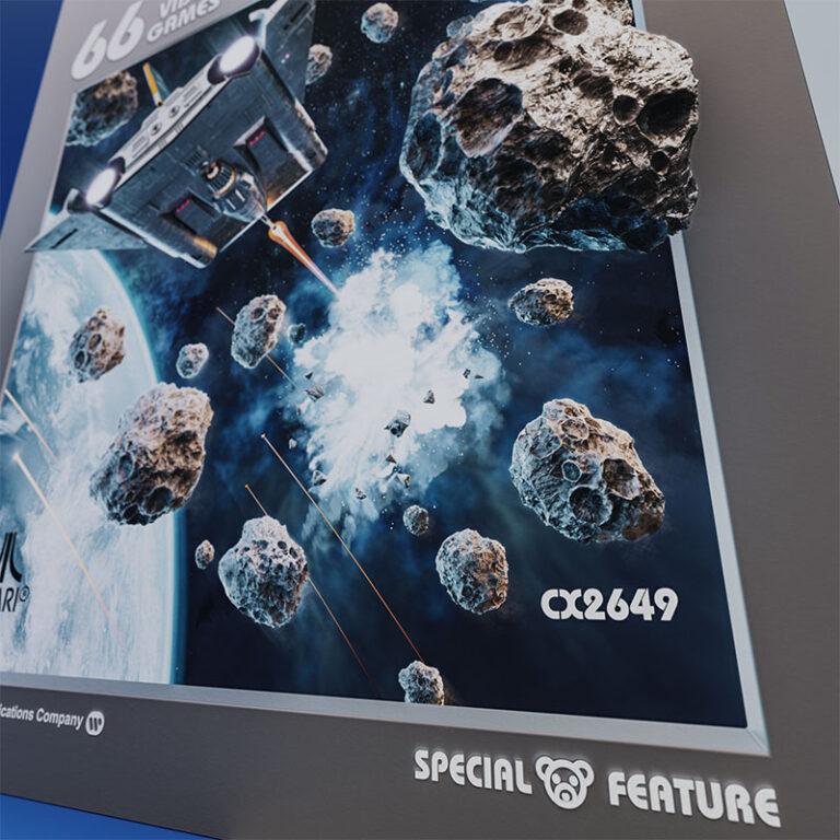 A low-angle close-up crop demonstrating the physical depth of the 3D layout, showing individual textured asteroid models distinctly projecting forward beyond the printed grey packaging boundary.