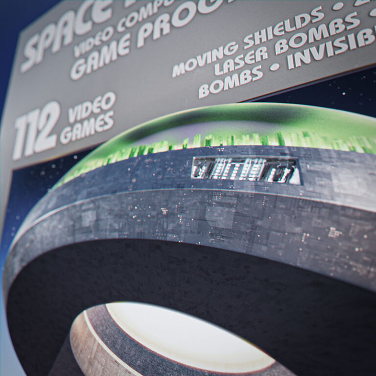 A detailed macro crop of the primary alien spacecraft, highlighting the panel detailing on the grey metallic hull and the illuminated green city structure contained within the translucent upper dome.