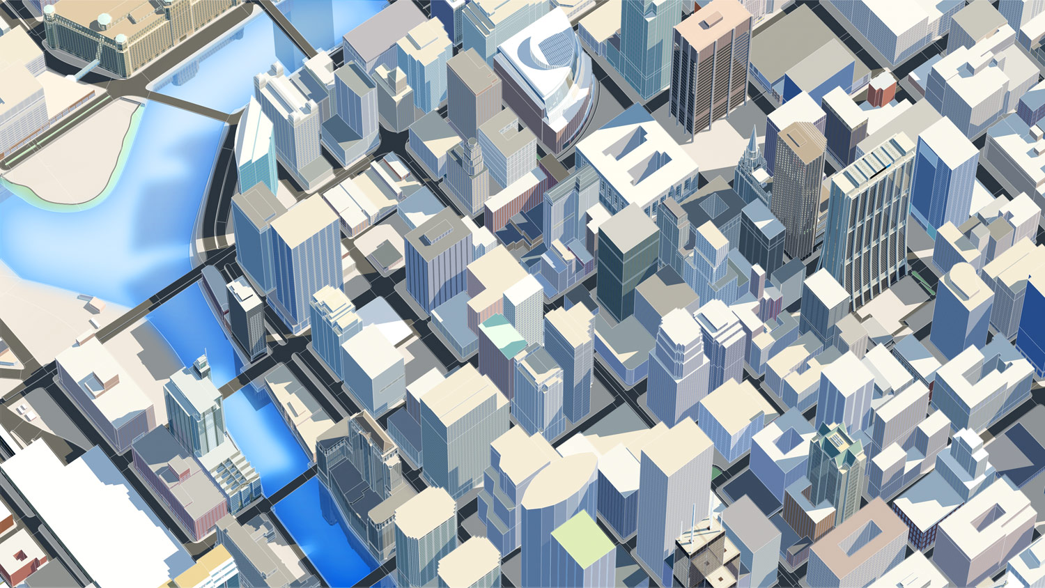 A bright daylight look-development render of a dense 3D city grid featuring matte grey architectural buildings, clear blue waterways, and crisp geometric shading designed for daytime in-car navigation displays.