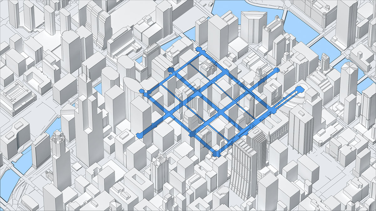 An experimental 3D map concept from image_e83c5f.jpg focusing on environment occlusion, displaying a blue linear route matrix seamlessly visible beneath and through a dense field of semi-transparent, white 3D skyscrapers.