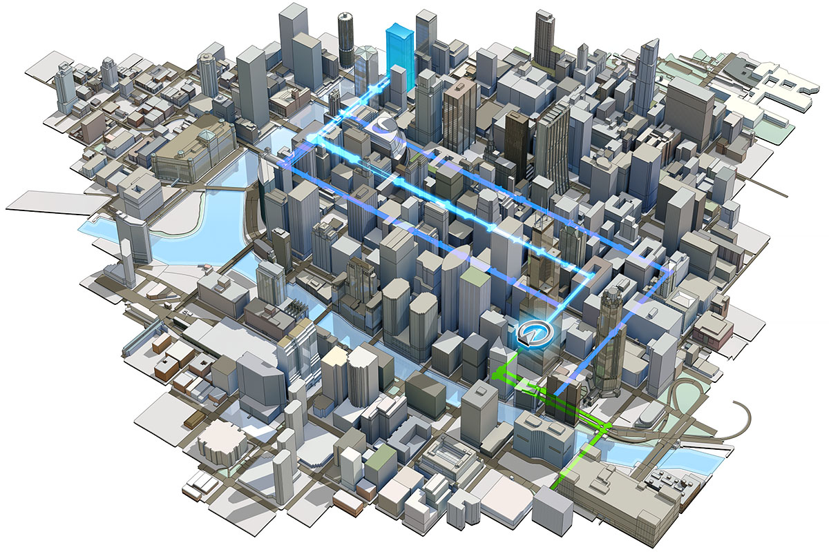 An isometric 3D automotive map concept displaying a complex urban environment overlaid with two distinct active navigation paths, highlighting a primary bright blue route with waypoints and an alternative green route corridor.