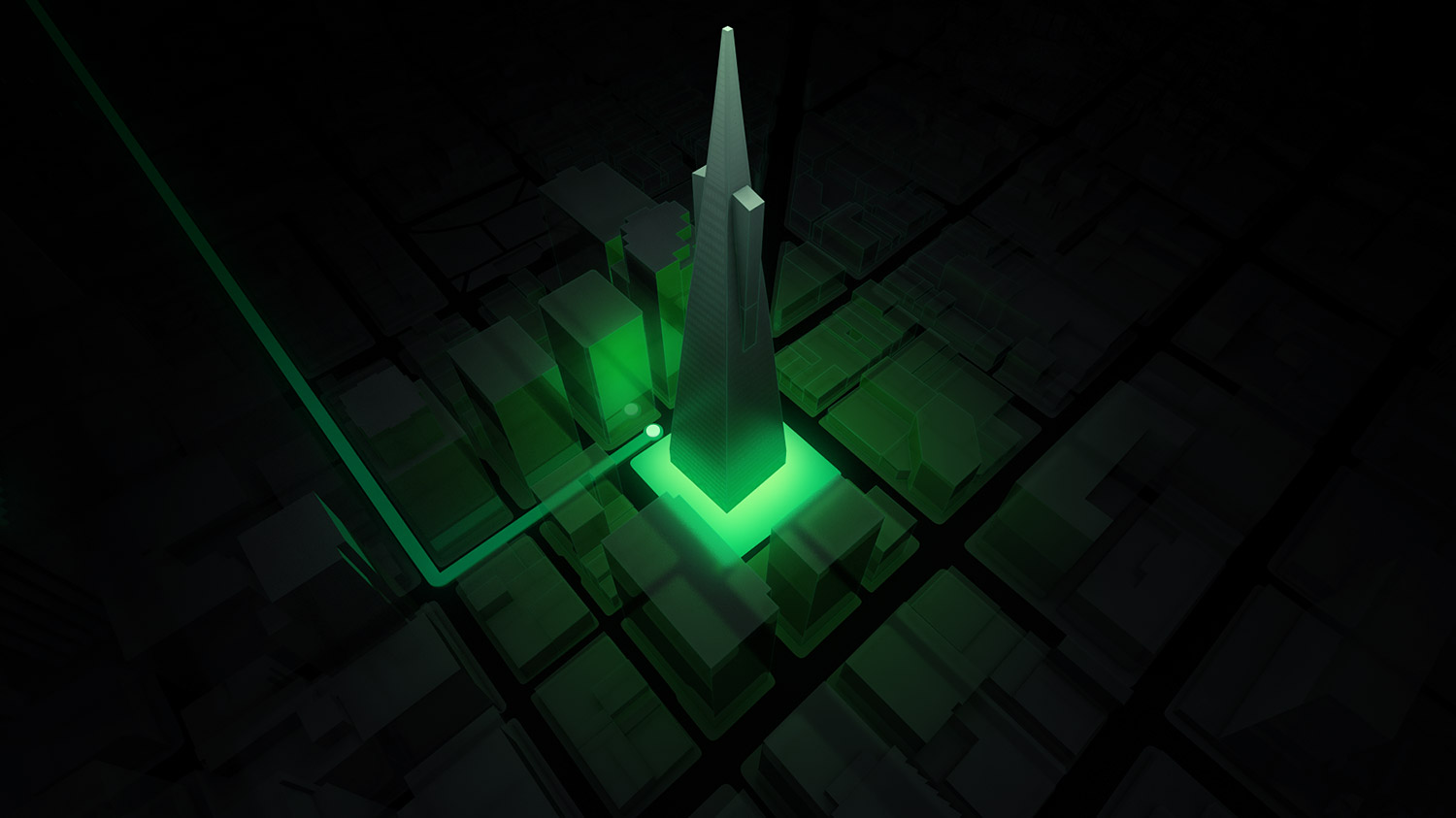 An isometric in-car navigation screen concept displaying a sharp green vector route path winding through a dark geometric city matrix towards a luminous green illuminated tower landmark.