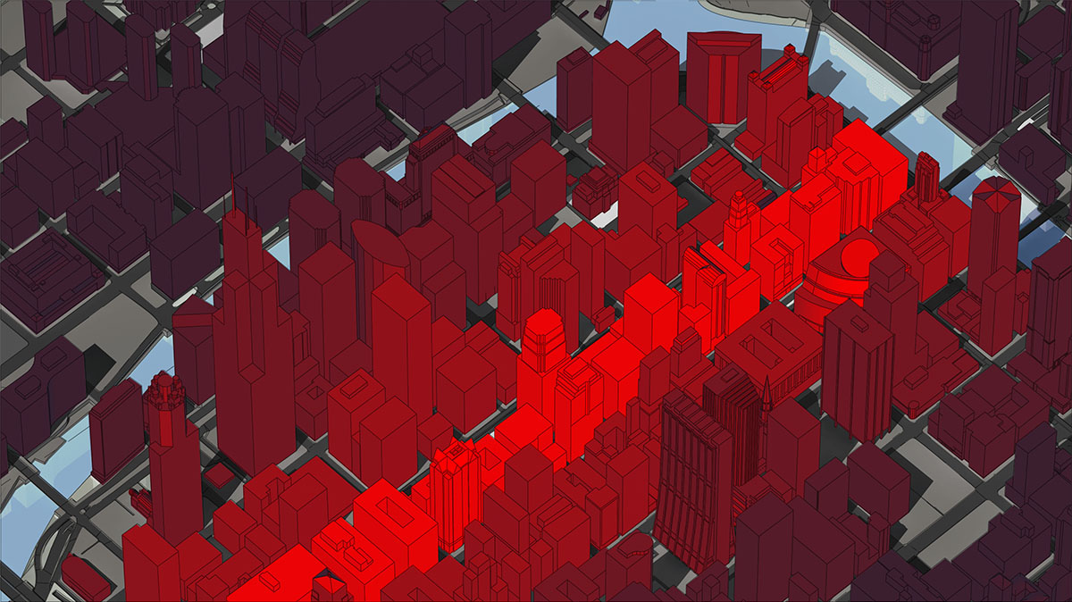A high-contrast automotive night-mode map concept, showing a dark maroon 3D city structure grid intersected by a vivid, glowing red linear route corridor tracing through the urban block.