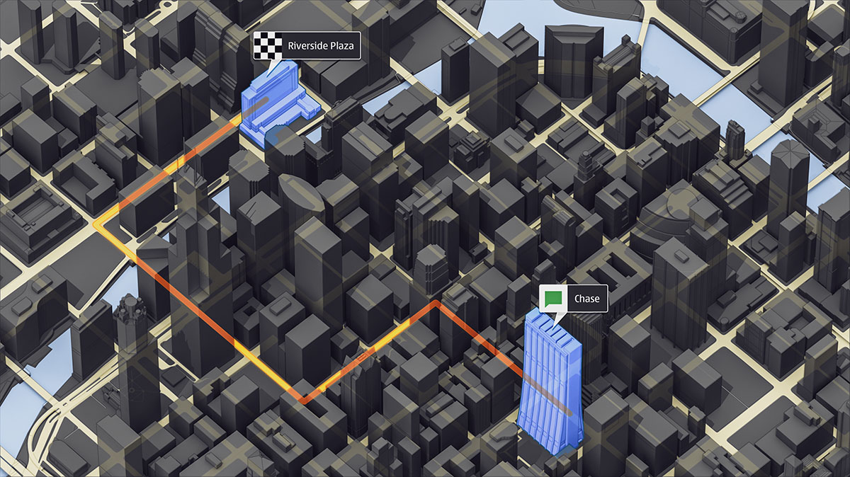 A high-contrast dark night-mode navigation display showcasing an orange route vector path with floating UI interactive label flags marking destination points of interest like Riverside Plaza and Chase.