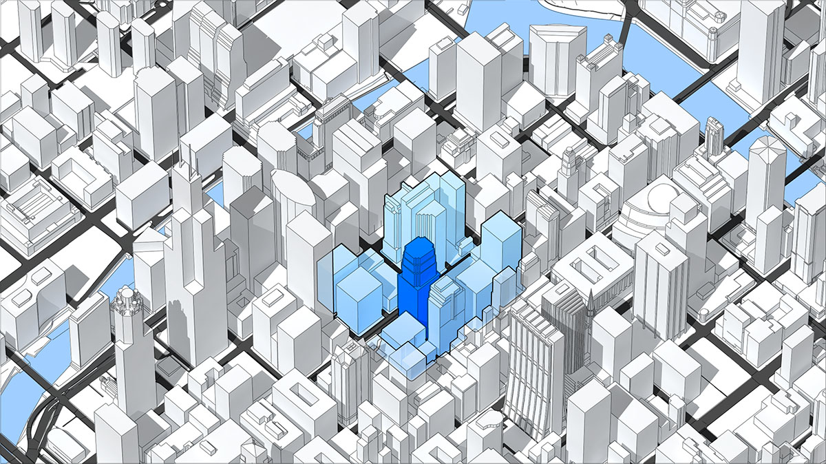 A high-angle isometric 3D cityscape render showing dense white architectural blocks with a central cluster of corporate skyscrapers highlighted in bright blue to illustrate an active map selection.