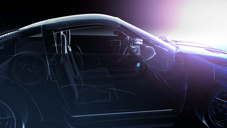 Automotive HMI Design – Full Cockpit Profile Render A wide-angle interior profile shot of the vehicle cockpit, blending a dark, minimalist aesthetic with high-end digital dashboard concepts and subtle volumetric light rays filtering through the cabin.