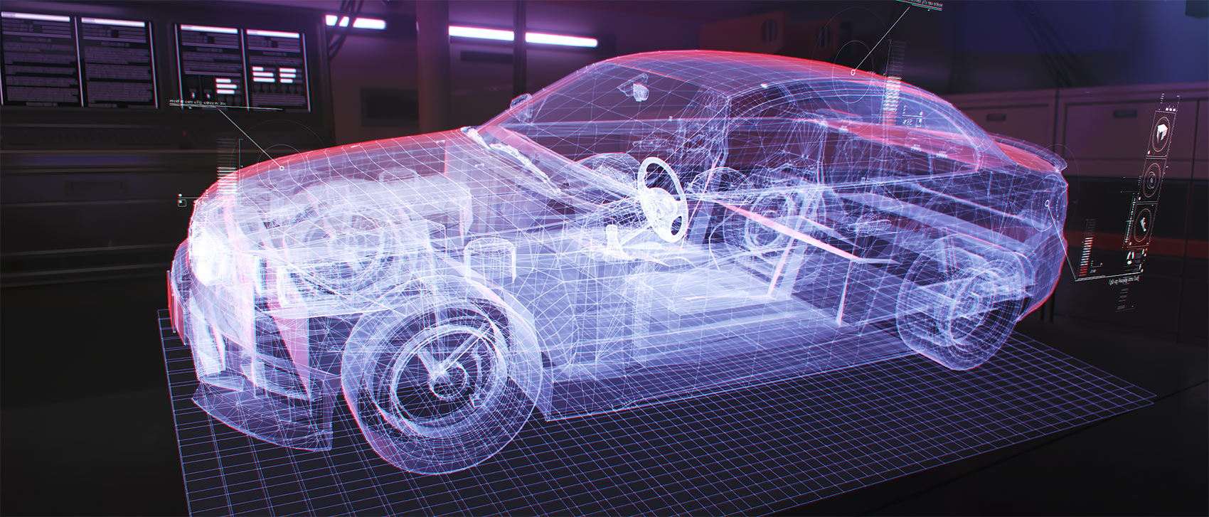 A front three-quarter studio render of a highly detailed automotive model built out of a glowing blue wiremesh layer, set inside a dark digital laboratory environment with purple background overhead lighting panels.