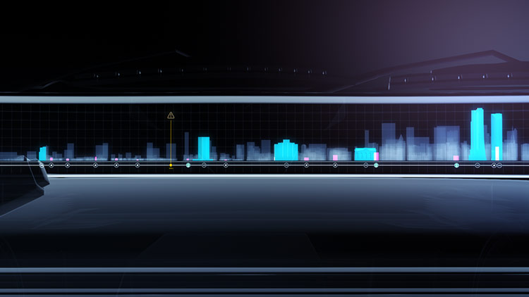 Full-Width Dashboard HMI – Low-Angle Console Perspective A low-angle cinematic style frame looking across a minimalist car dashboard towards the active full-width digital navigation display, highlighting the screen integration with the vehicle interior geometry.