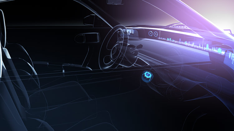 Automotive Interior Look-Dev – Passenger Side Perspective A wide cinematic look-development frame captured from the passenger side of the cabin, highlighting lens flares across the sleek dashboard surfaces and the continuous stretch of the panoramic display.