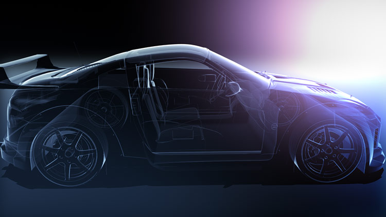 Automotive Look-Dev – Sports Car Profile Close-Up Render A close-up studio render showcasing the side profile of a dark sports car concept, blending subtle translucent wireframe overlays with volumetric purple and blue rim lighting on the hood and wheels.