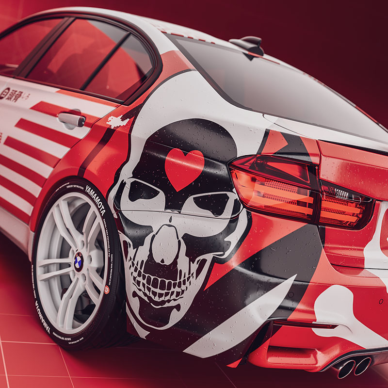 A tight close-up composition showcasing the rear quarter panel and tail light of the car, highlighted by a large black and white skull illustration with a red heart on its forehead wrapped seamlessly over the vehicle's curves.