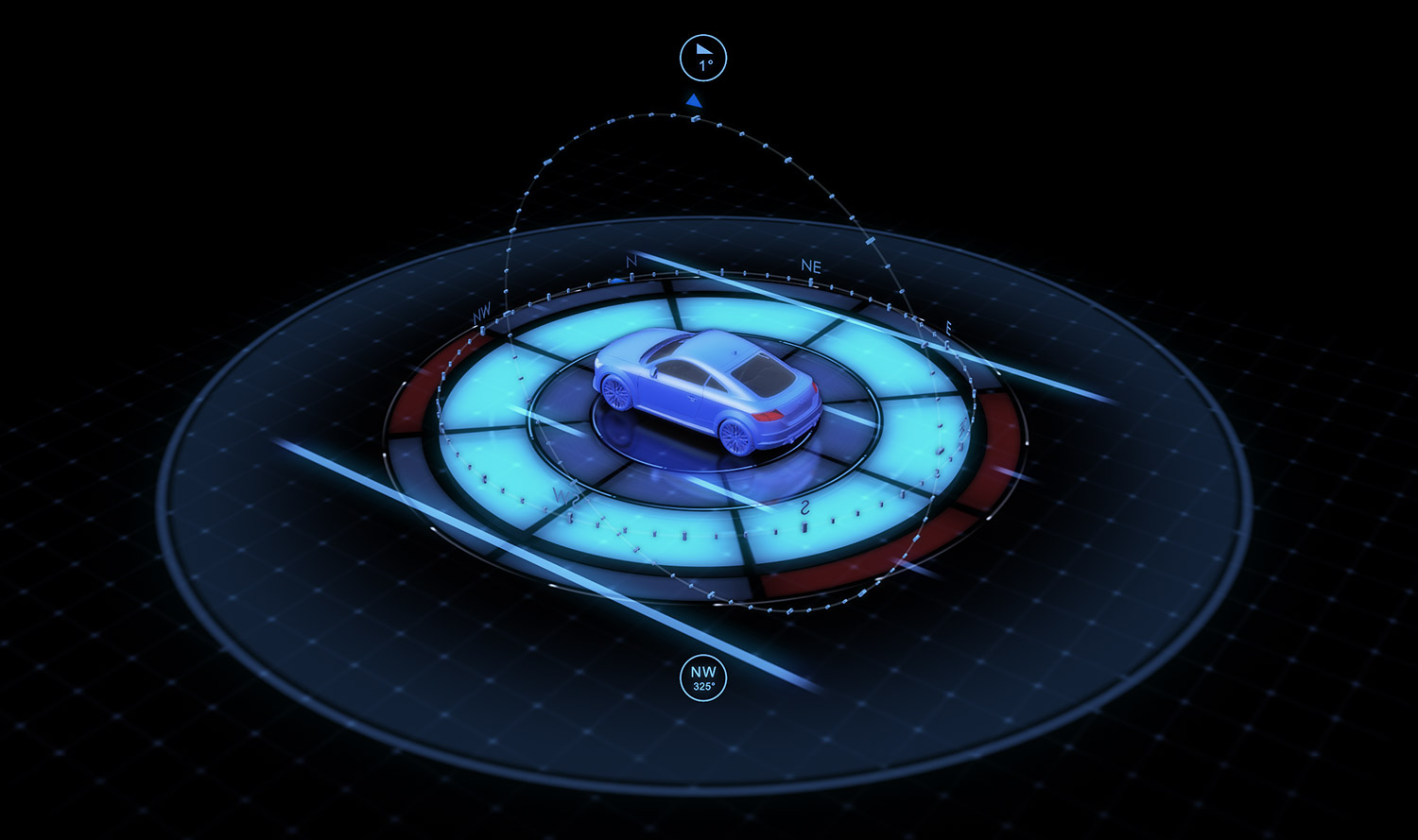 A high-fidelity HMI design asset showcasing a blue 3D car model positioned on a glowing cyan and crimson concentric radar tracking compass grid, featuring a dynamic dotted path trajectory arc against a dark grid floor.