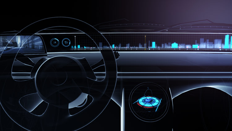 Automotive UI Design – Driver Perspective and Active Console Console A close-up driver-side interior render showcasing the full-width panoramic navigation display behind the steering wheel, accented by an illuminated circular touch interface on the lower center console.