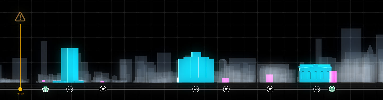 A detailed wide-screen dashboard layout tracking the final stretch of a route, featuring an amber triangular alert warning indicator on a vertical node next to large glowing cyan structures and localized service logos along the baseline timeline.