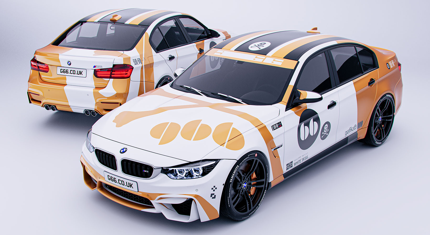 A high-angle 3D studio render showcasing a front three-quarter view and a rear view of a pair of sports sedans styled with an orange and white colour-blocked graphic livery.