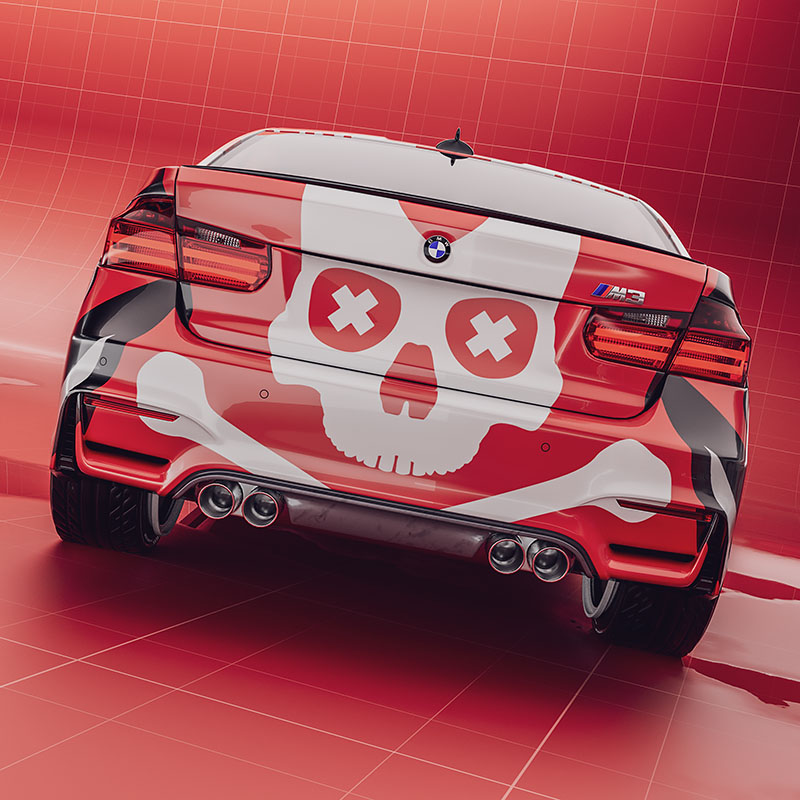 A straight-on rear studio render from image_9c473f.jpg displaying a sports car rear bumper and trunk lid wrapped with a large red and white stylized skull and crossbones graphic with cross eyes.
