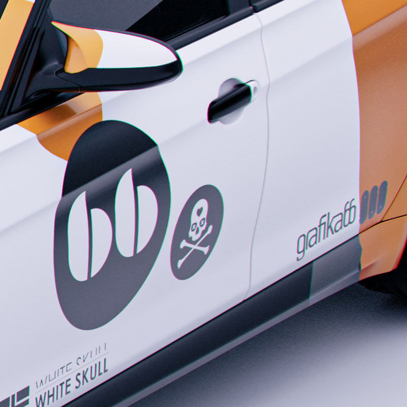 A detailed frame focusing on the side profile door panel, displaying a circular black 66 emblem, a skull graphic, and clean typography layouts.