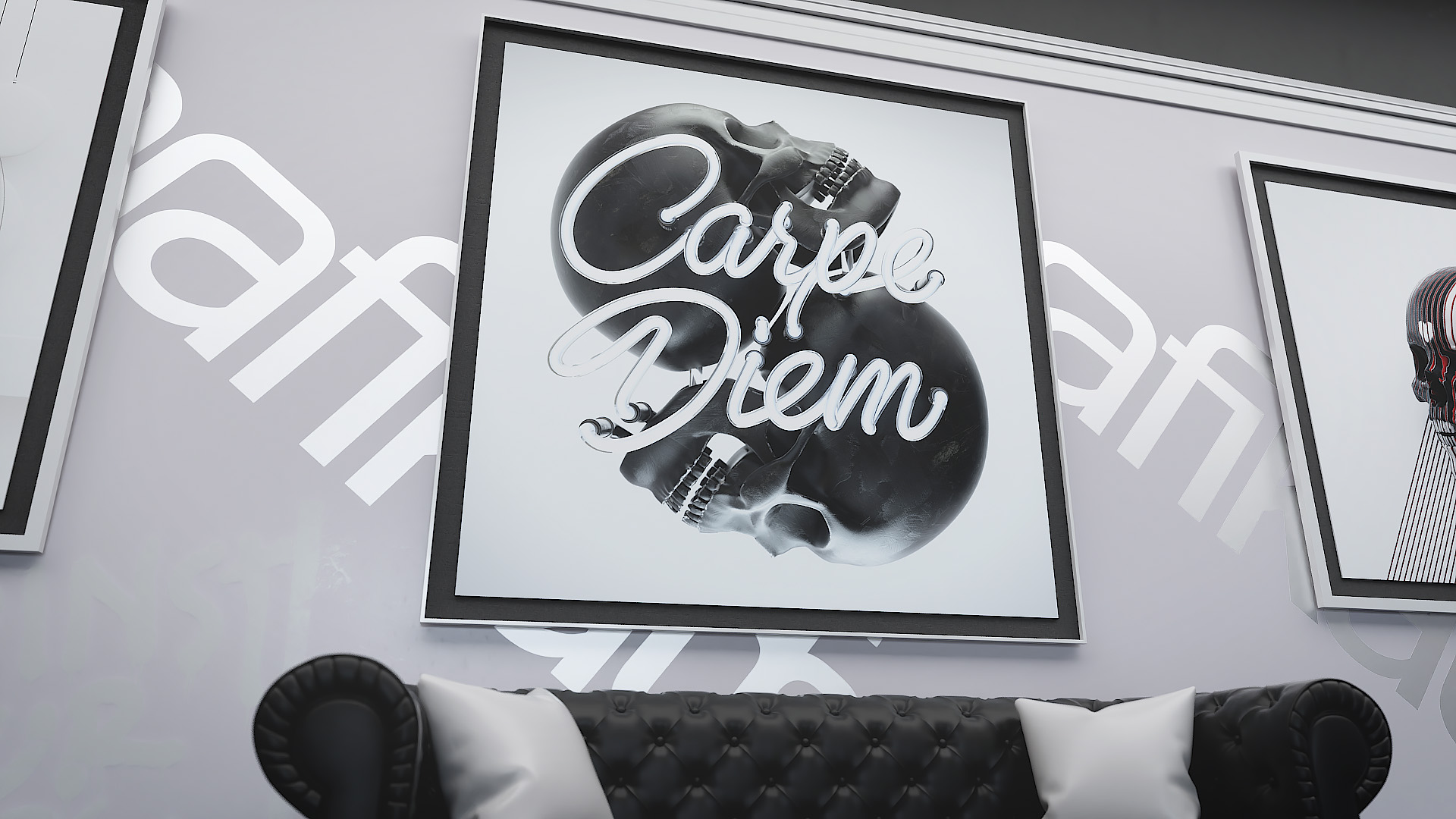 A monochrome square framed art print featuring elegant script typography spelling Carpe Diem integrated into a dark skull illustration above a black leather sofa.