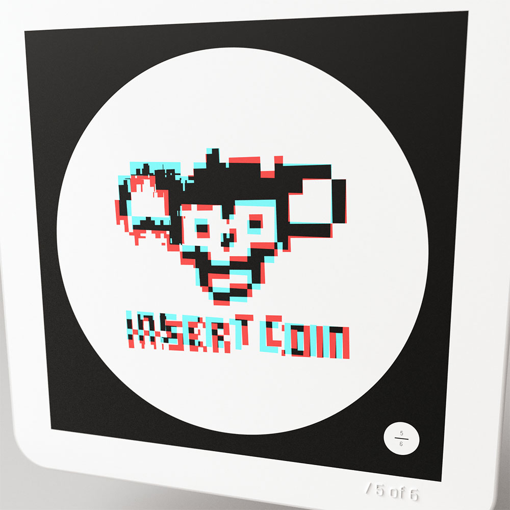 A circular graphic design variant of the skull illustration utilizing red and cyan chromatic aberration glitch effects over the typography and edges.
