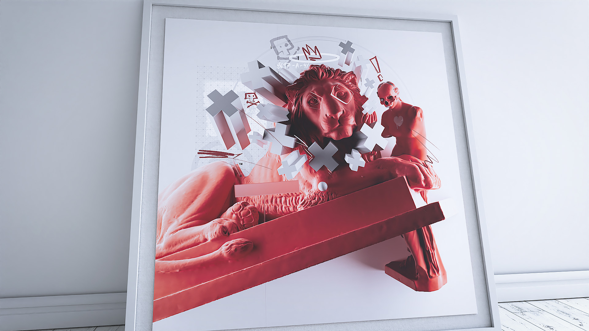 A square framed art piece displaying a classical lion statue reinterpreted with modern red tones and abstract geometric shapes within a bright gallery space.
